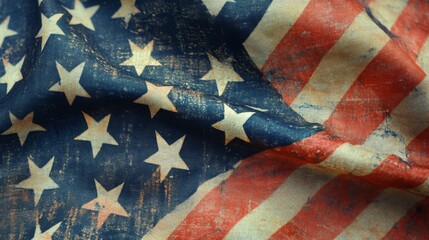 Naklejka premium A weathered American flag displays vibrant colors and distinctive patterns, showcasing its aged texture and historical significance.