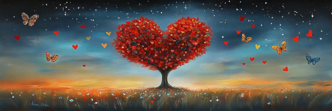 A heart-shaped tree with colorful butterflies in a mystical cosmos landscape with wormholes and cosmic doorways