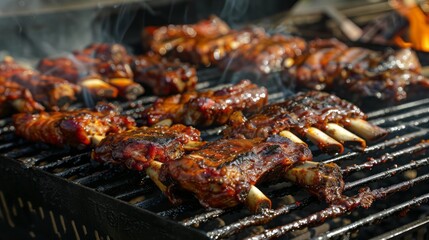Grilled barbecue meat on a hot charcoal grill, aromatic and appetizing.
