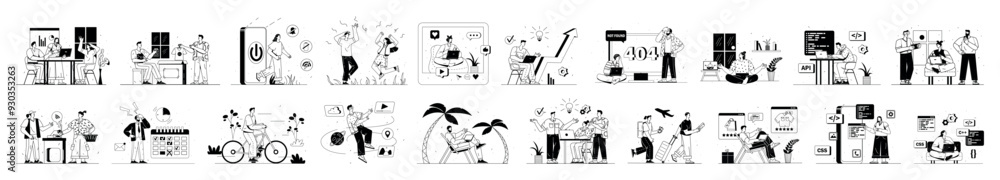 Aufkleber bundle of linear concepts with people scene in flat cartoon design. situations in various themes are