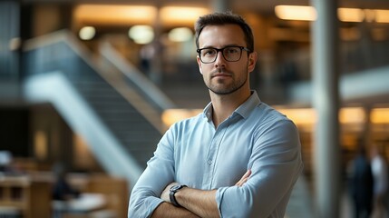Fototapeta premium A confident man in glasses stands with arms crossed in a modern workspace.