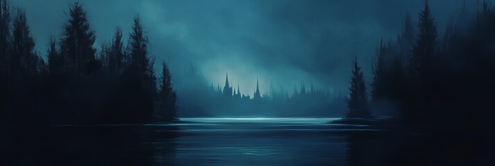 The silhouette of a fairy tale kingdom against the night sky is painted in a cool toned oil on canvas