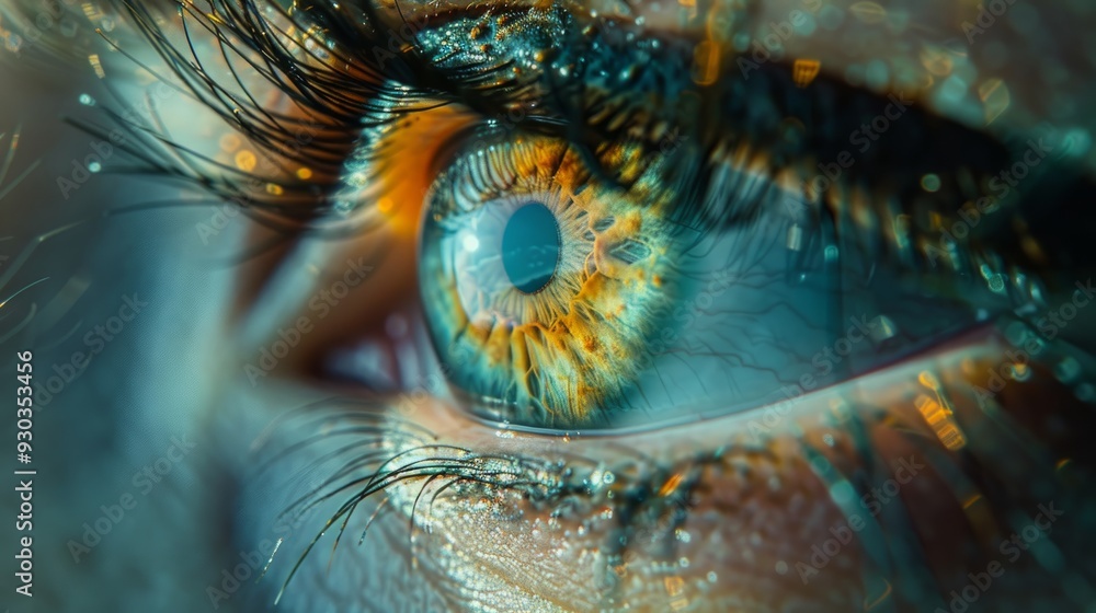 Poster close-up of an expressive eye with intricate patterns and vibrant color details in natural light