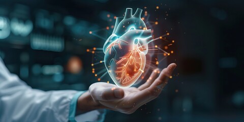 hand holds a glowing 3D digital heart surrounded by futuristic data and holographic interfaces. The image conveys the intersection of medicine, technology, and innovation in healthcare.