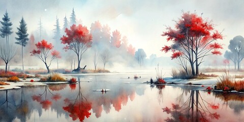 Winter Wonderland: Misty Morning Watercolor Landscape 