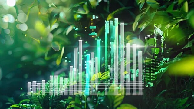 Sustainable Growth: A digital graphic representing a growing stock market chart superimposed on lush greenery.  The image symbolizes sustainable financial practices and the harmonious balance between 