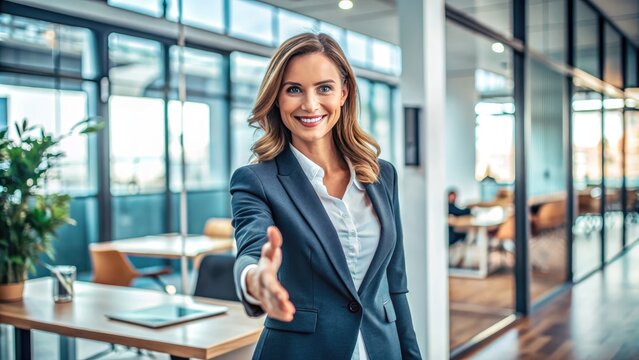 A confident businesswoman standing in a modern office, smiling warmly and extending a hand in greeting, conveying a sense of professional hospitality.