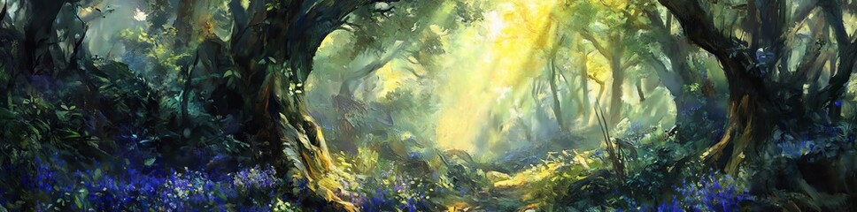 Green woodlands and vibrant bluebell blooms illuminated by sunlight