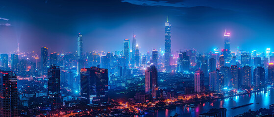 Obraz premium A stunning city skyline illuminated by vibrant blue and purple lights, showcasing modern skyscrapers and river reflecting colorful glow. scene evokes sense of wonder and excitement.
