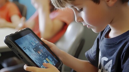 Student Utilizing Tablet for Interactive Learning in Classroom Setting