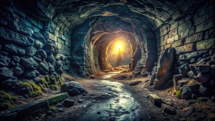 Naklejka premium A deep, dark underground hole with rough, rocky walls and a small, faintly lit tunnel leading into the darkness, mysterious and ominous atmosphere.