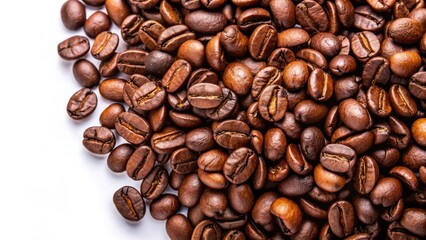 Obraz premium A delicate arrangement of fresh, dark brown coffee beans lies isolated on a crisp white background, inviting a sensory exploration of texture and aroma.