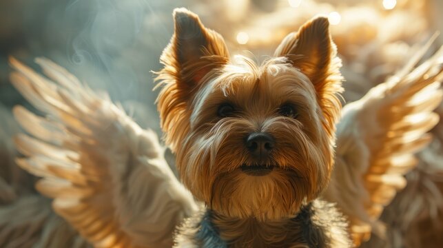 Small dog with angel wings sitting serenely in a soft, illuminated setting during golden hour
