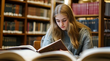 Dedicated Student Conducting Research in a Library Filled with Knowledge