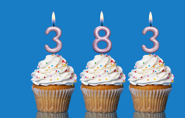 Birthday Cupcakes With Candles Lit Forming The Number 383