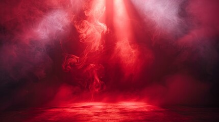 Fototapeta premium Red smoke swirling under dramatic lighting in a darkened space