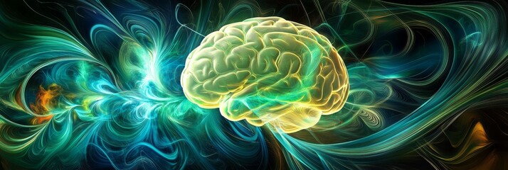 Obraz premium An artistic representation of brain structure representing neural pathways illuminated by flowing streams of vibrant blue and green light to reveal a healthy brain