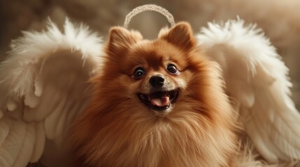 Happy Pomeranian dog with angel wings and halo in a cozy indoor setting