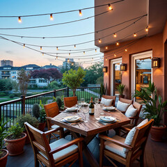 Naklejka premium Outdoor patio dining area with string lights at sunset