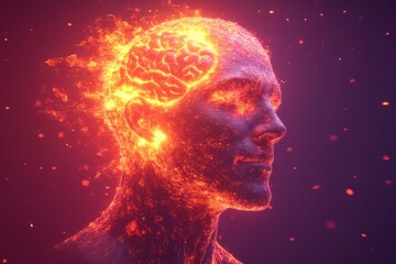 Obraz premium A fiery glowing head representing intense cognitive processes and the power of the mind set against a dramatic backdrop of sparks and flames ideal for themes of innovation and mental prowess