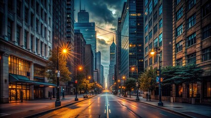 A dimly lit city street at dusk with dark skyscrapers and deserted sidewalks, devoid of life and activity, sans electricity and power.