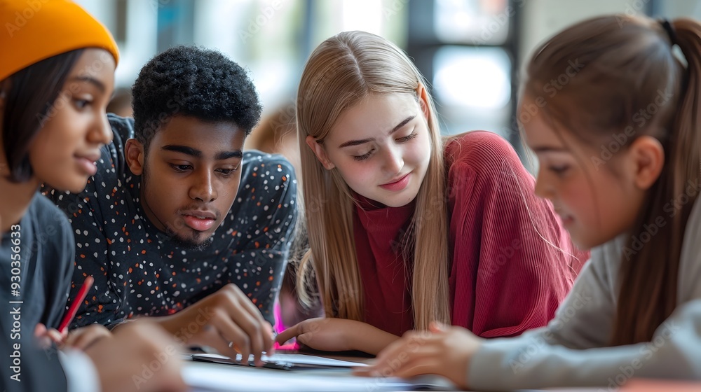 Poster diverse students collaborating on group project,preparing for real-world challenges