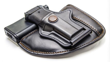 A discreet, black leather holster with a secure retention system and adjustable belt clip, designed for concealed carry of a compact handgun.