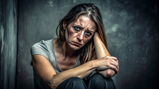 A distressed woman with a bruised and swollen face, sitting alone in a dark room, conveying a sense of despair, sadness, and vulnerability.