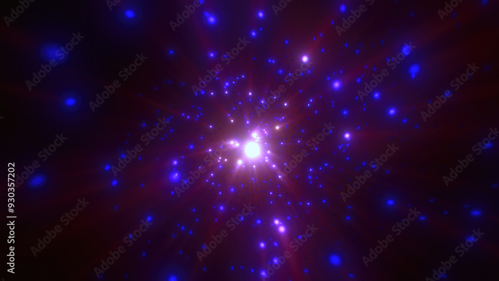 Poster abstract bright purple glowing background with flying dots circles bokeh energy particles and light 