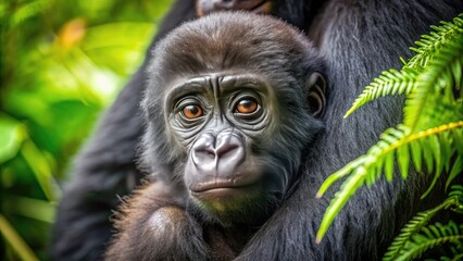 Obraz premium Adorable baby gorilla clings to mother's fur, peeking out with big curious eyes and a tender expression, surrounded by lush green jungle foliage.