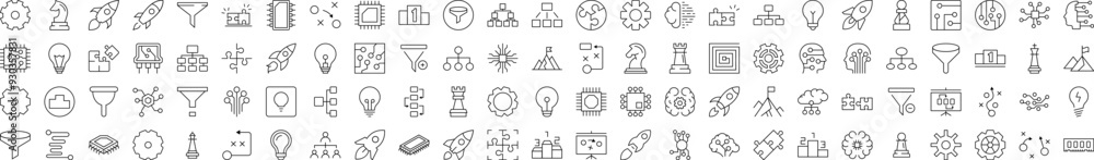 Poster minimalistic linear illustrations of data and analytics. contains icons of puzzle, funnel, gear, cog