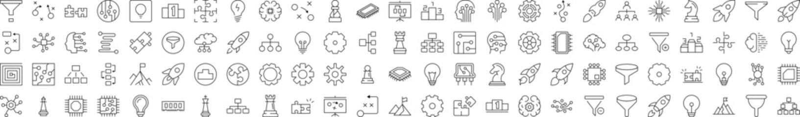 Data and Analytics Simple Linear Illustrations. Contains Icons of Puzzle, Funnel, Gear, Cogwheel, Spaceship that Can Be Used for Design of Cards, Posts, Apps, Web Sites