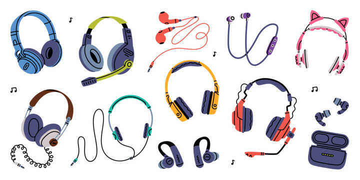 Headphones as Device for Music Listening Vector Set