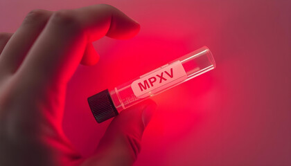 Obraz premium Gloved Hand Holding a Test Tube Labeled MPXV