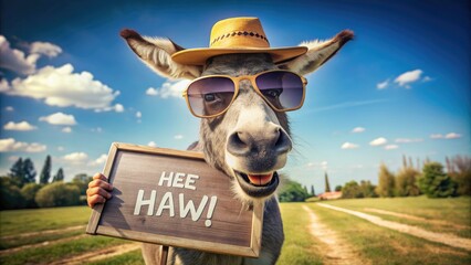 Adorable donkey wearing sunglasses and a hat, standing on hind legs, and holding a sign that reads "Hee Haw" in a humorous and playful pose.