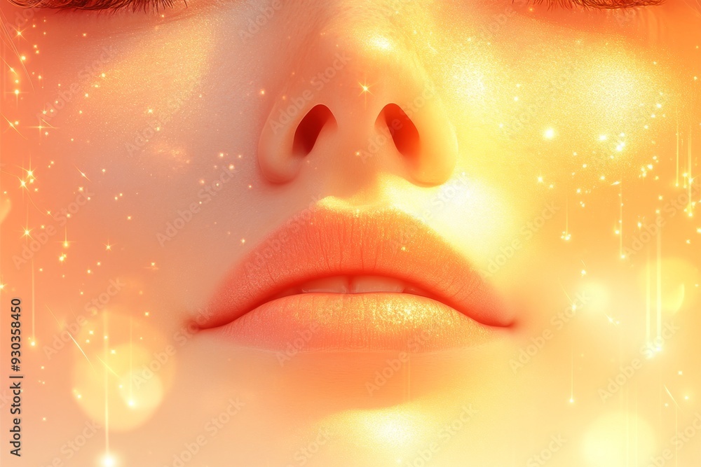 Wall mural close up of serene womans face with glowing elements symbolizing inner peace beauty and digital tran