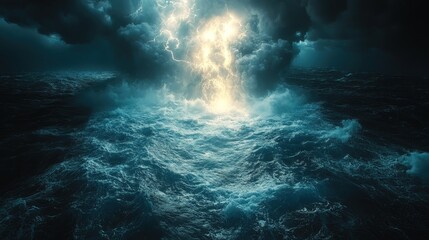 Fototapeta premium Stormy ocean waves with glowing light breaking through clouds