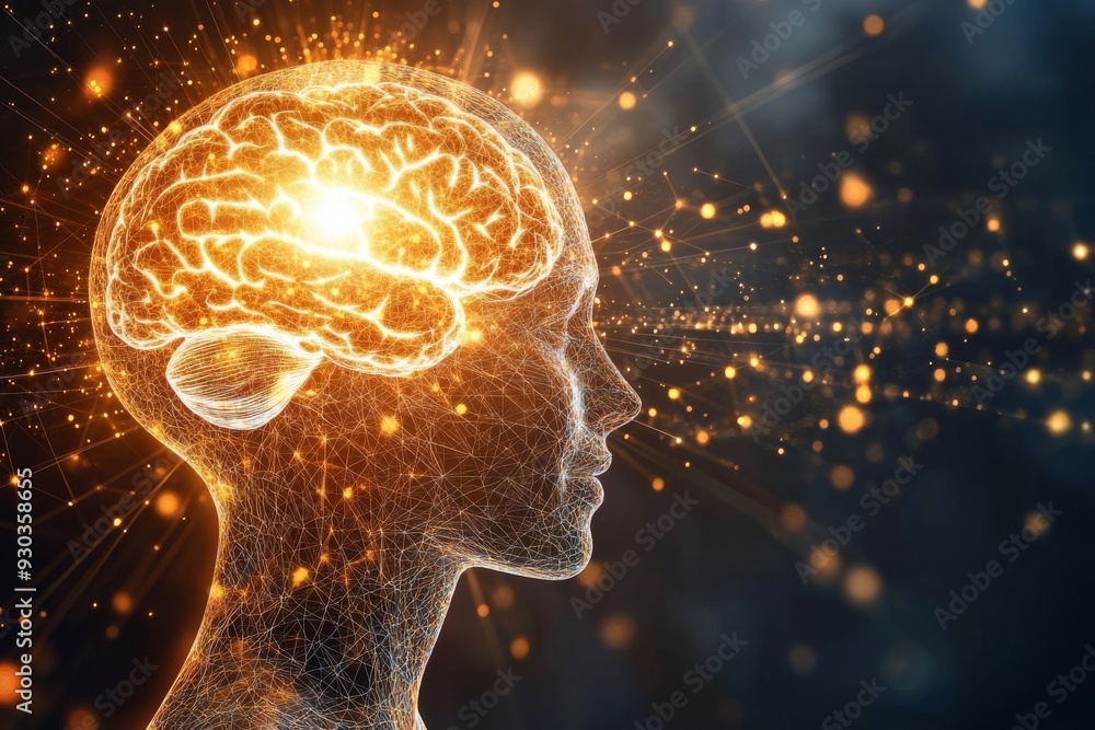 Poster a glowing brain with digital connections and sparks representing the power of artificial intelligenc