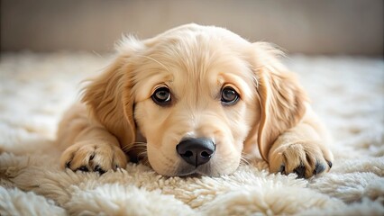 Adorable golden retriever puppy lying on a soft, plush carpet, paws curled up, and big brown eyes gazing upwards with an innocent expression.