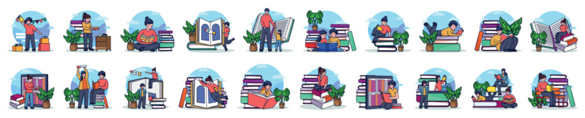 Bundle of colorful linear concepts with people scene in flat cartoon design. The set of illustrations is made in saturated colors and depicts images on the theme Literacy day. Vector illustration.