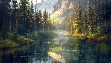 Obraz premium Sunlit River Through Pine Forest