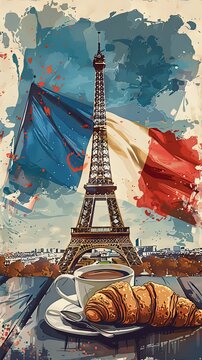Coffee and croissant with Eiffel Tower and France country flag in the background. French patriotism illustration, tourism travel, famous vintage historic landmark architecture, red white and blue