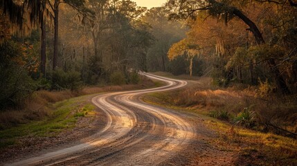 Fototapeta premium Winding dirt road through autumn woods at sunset in a serene landscape