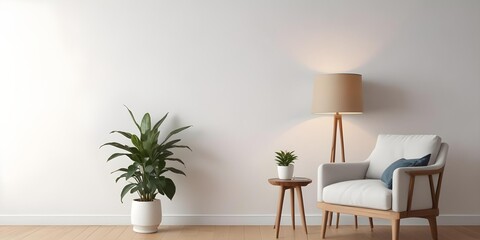 Fototapeta premium A modern living room with a white wall, a potted plant, a lamp, and a side table. 