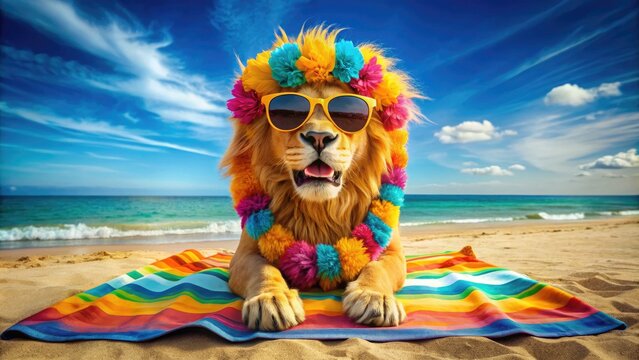 Adorable lion with a goofy expression, wearing sunglasses and a tropical flower garland, sits on a colorful beach towel, exuding playful summer vibes.