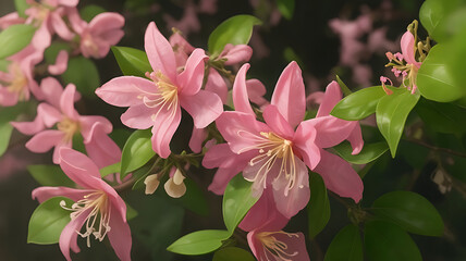 Realistic illustration sweet honeysuckle lonicera caprifolium plant with green leave and pink color flowers for background.