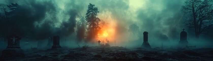 Obraz premium Eerie Fog Machine Mist Enveloping Graveyard