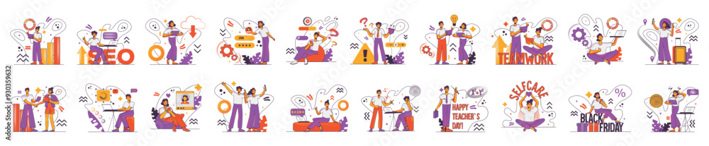 Poster mega set of colorful concepts with people scene in flat cartoon design. illustrations on various top