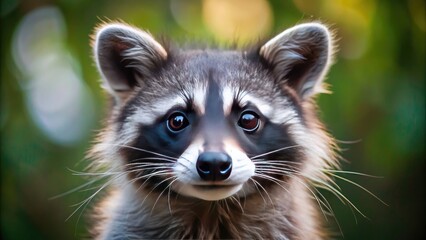 Adorable raccoon with a curious expression, its black "mask" and bushy eyebrows framing a sweet face, gazing directly at the camera with bright eyes.