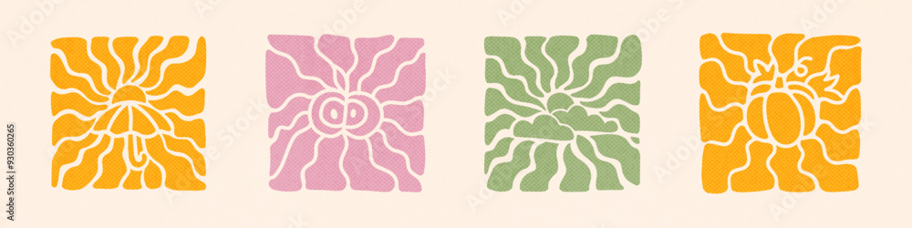 Poster retro groovy autumn background set. abstract wave ray pattern in trendy 70s style. boho colorful gro